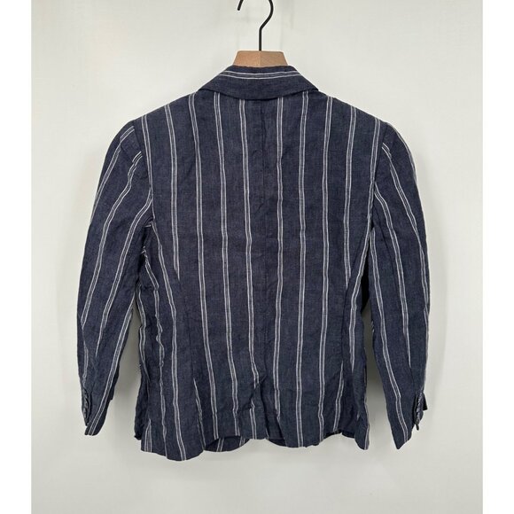 Cabi Navy White Stripe Linen Blazer 8 Women 2 Button 3/4 Sleeve Pockets Nautical - Picture 4 of 10